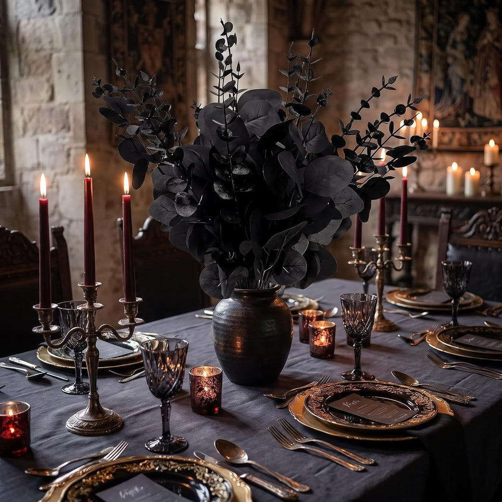 120 Pcs Black Artificial Eucalyptus Stems, 3 Styles Matte Pure Faux Eucalyptus Leaves Branches for Gothic Party Halloween Dark Wedding Industrial Home Decoration