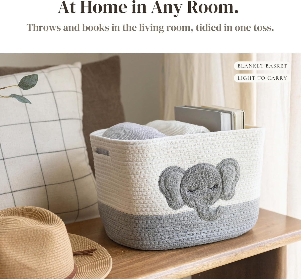 Elephant Baby Storage Basket, Woven Cotton Rope Nursery Bin, 13x10x9 in