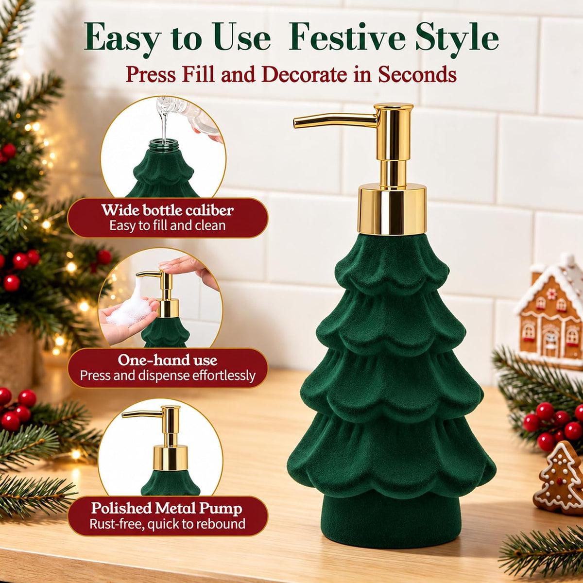 Christmas Soap Dispenser,Flocked Green Christmas Tree for Bathroom Kitchen
