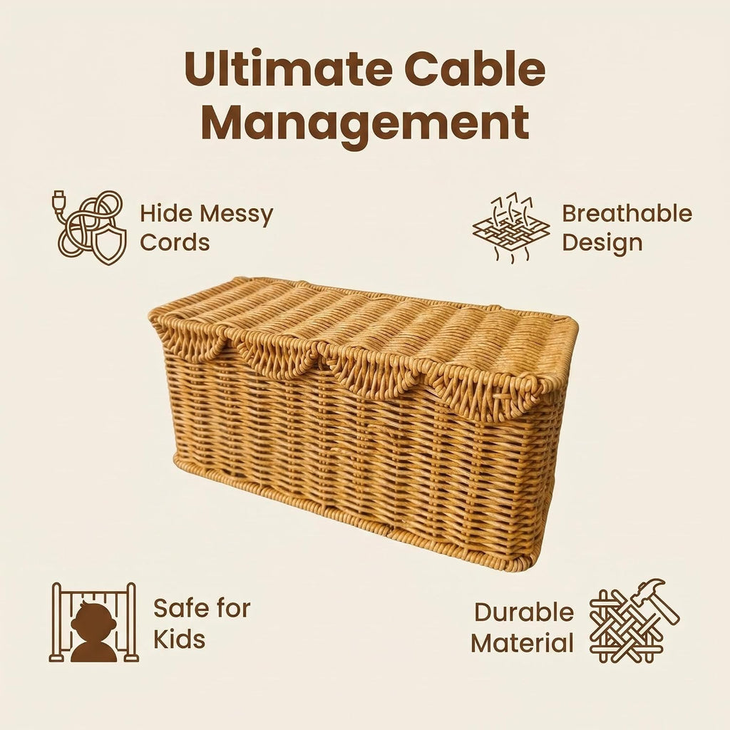 Cable Management Box Handwoven Faux Rattan Cord Basket with Lid (Scallop)
