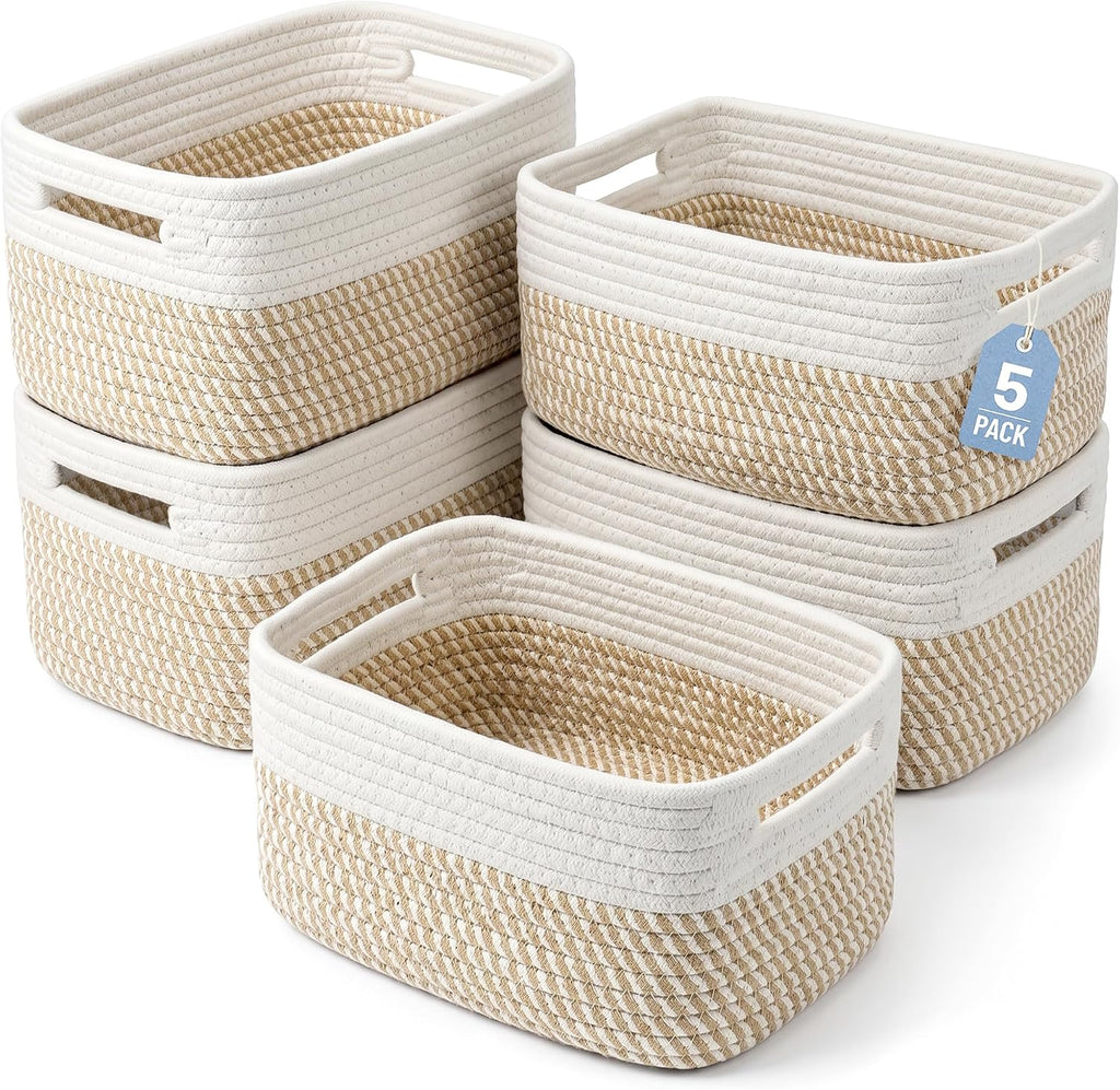 5 Decorative Small Woven Storage Basket Containers with Handles