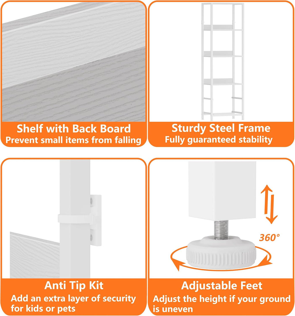 Furnulem 4-Tier Corner Shelf,White Narrow Bookshelf with 2 Storage Drawers