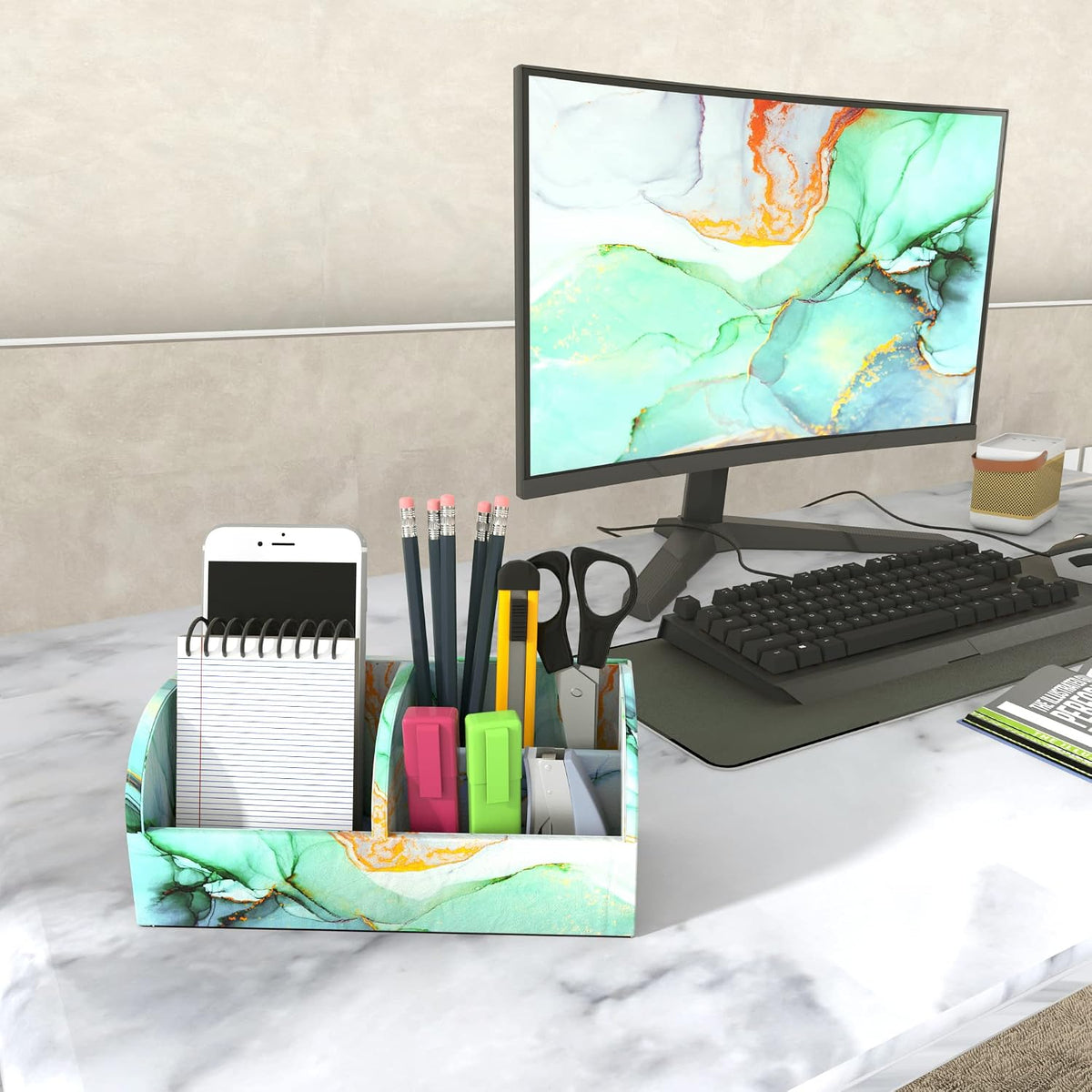 PU Leather Supply Organizer,Remote Control Holder Multifunctional Office Stationery Storage Box Organizer,Pencil Holders Organizers Table Top Desktop Desk Accessories(1-Splash Ink)