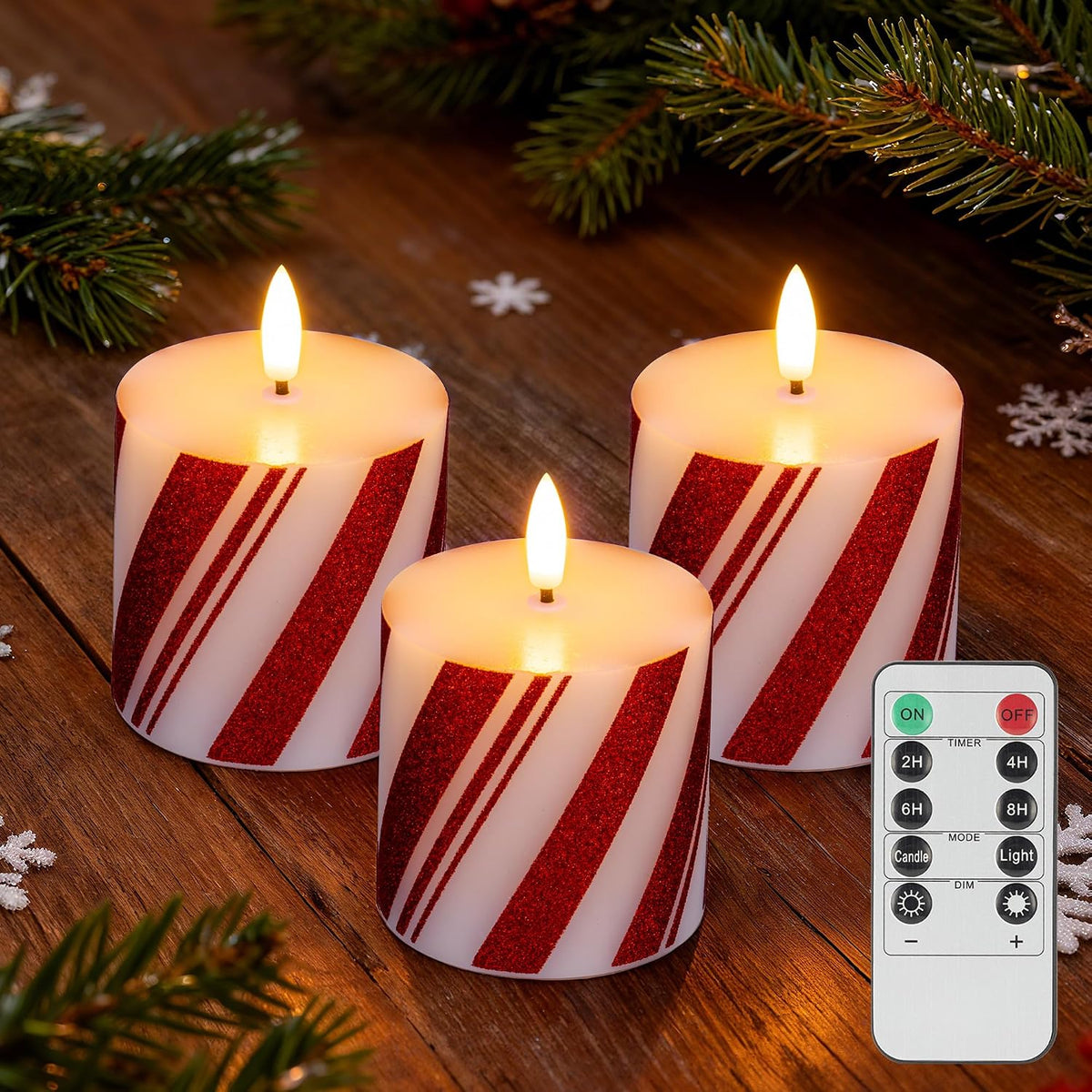 Christmas Candy Cane Stripe Flameless Pillar Candles, Real Wax Red and White Battery Operated Flickering Candles with Timer for Xmas Holiday Home Decoraction, Set of 3(3"x3")