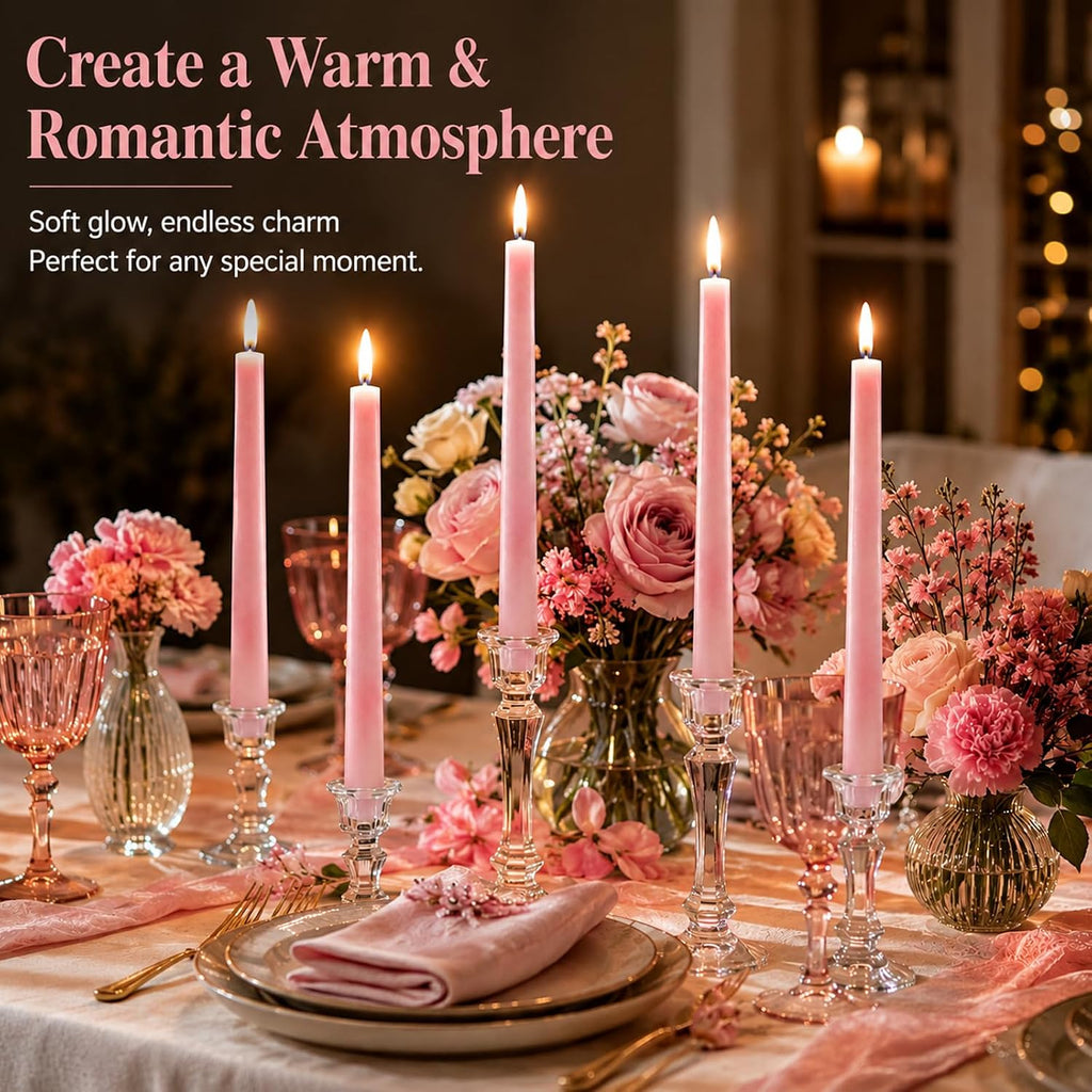 Pink Taper Candles 6 Pack,10 Inch Ice Flower Palm Wax Dripless Candlesticks