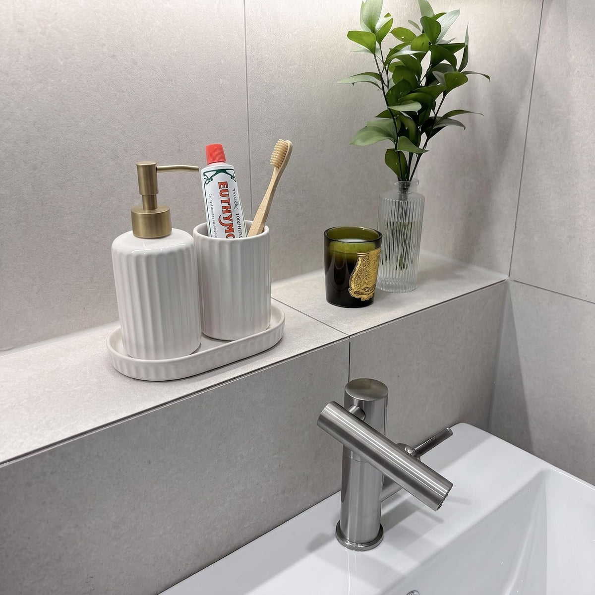 Sand White Ceramic Toothbrush Holder for Bathroom & Kitchen Countertop