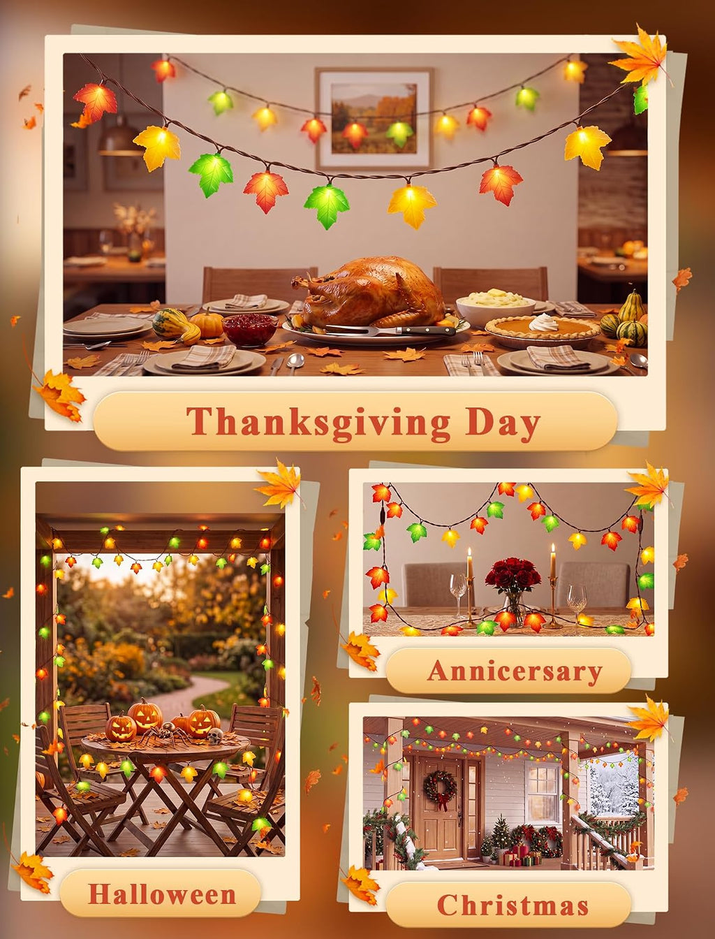 Fall Decor String Lights, 12FT 20 LED Thanksgiving Leaf Lights Plug in
