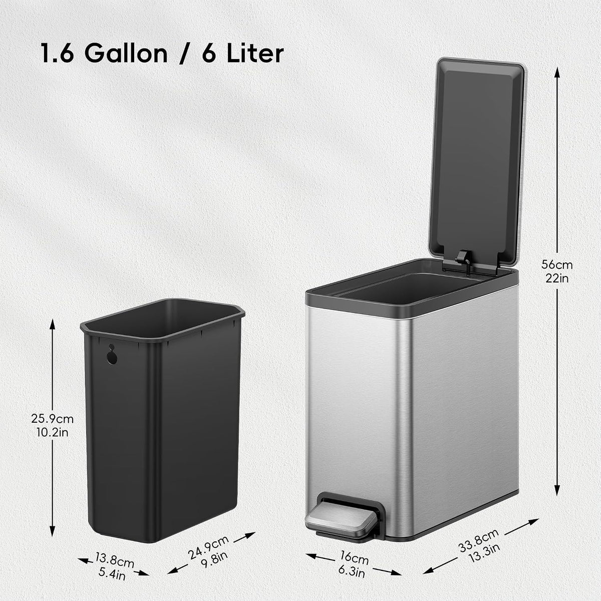 EKO 2 Pack Small Bathroom Trash Can with Lid Soft Close, Step Pedal, 6 Liter / 1.6 Gallon Stainless Steel Garbage Can with Removable Inner Bucket, Waste Basket for Bathroom, Bedroom