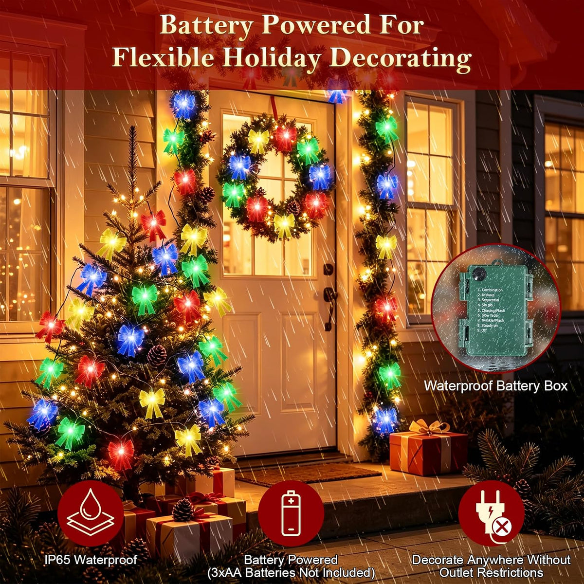 Battery Operated 15FT Christmas Bow 30LED Indoor String Lights Multicolor
