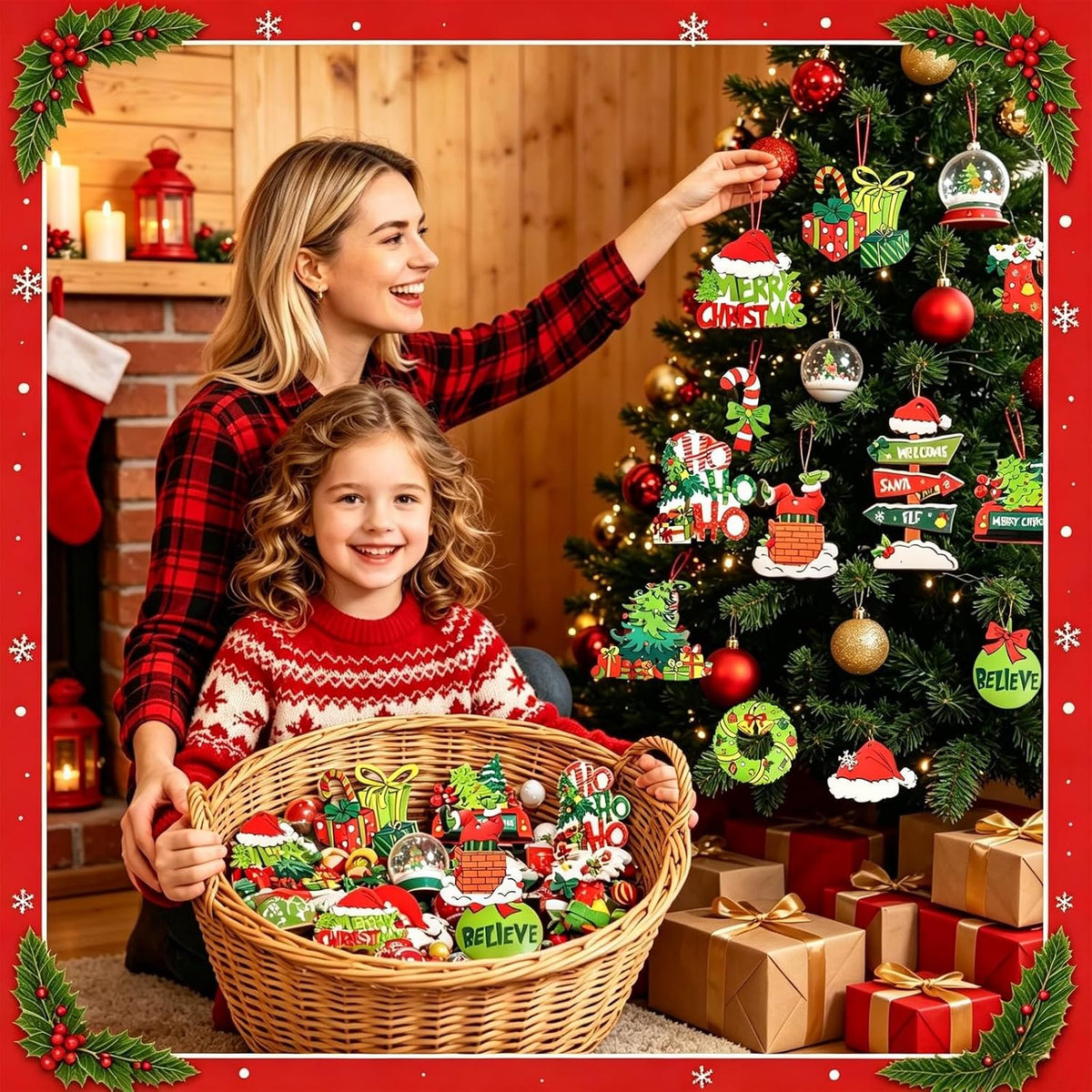 36Pcs Wooden Christmas Hanging Ornaments Set, 12 Styles Retro Cartoon Xmas Tree Decorations, Red Green Classic Color Indoor Home Holiday Decor, Bulk Small Wooden Ornaments for Tree Mantel Party Decor