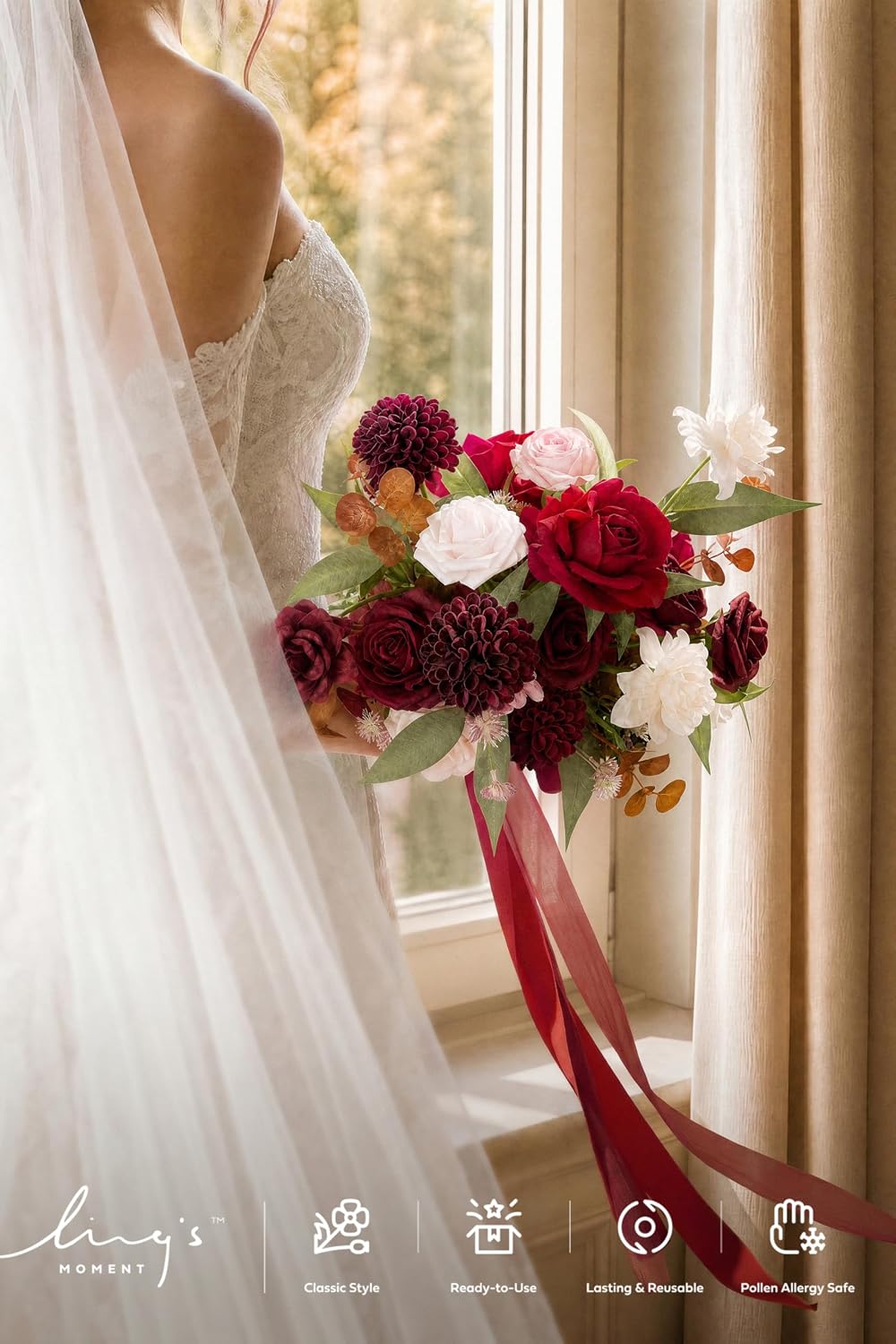 Ling's moment Freeform Bridal Bouquet Burgundy Wedding Bouquets for Bride