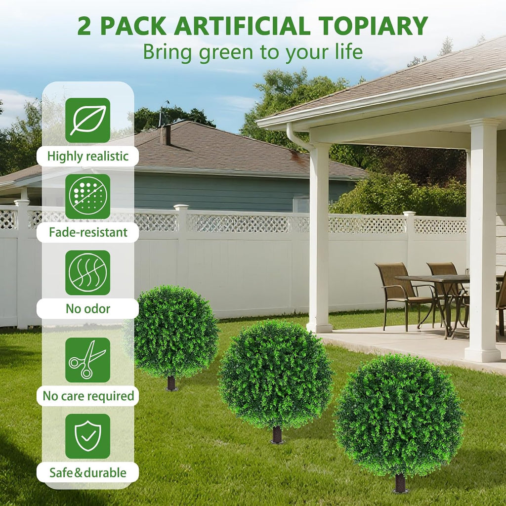 Yangrass 2 Pack Fake Green Eucalyptus Topiary Ball Trees with Ground Spike