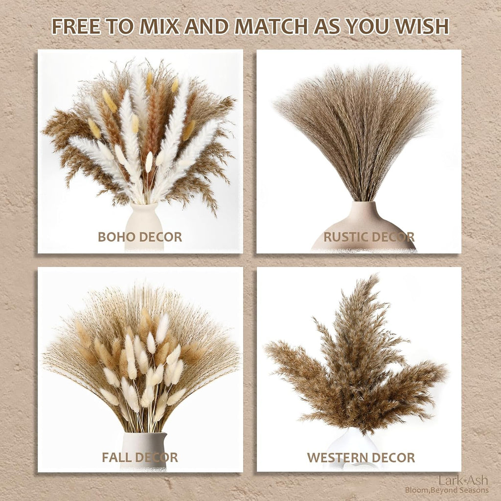 220 Stems Dried Pampas Grass Decor-White Pampas Grass,Brown Pampas,Bunny Tails Grass,Fluffy Pompas.Rustic Flower Bouquets for Wedding, Home Decor,Table Centerpiece,Apartment and Boho Decor