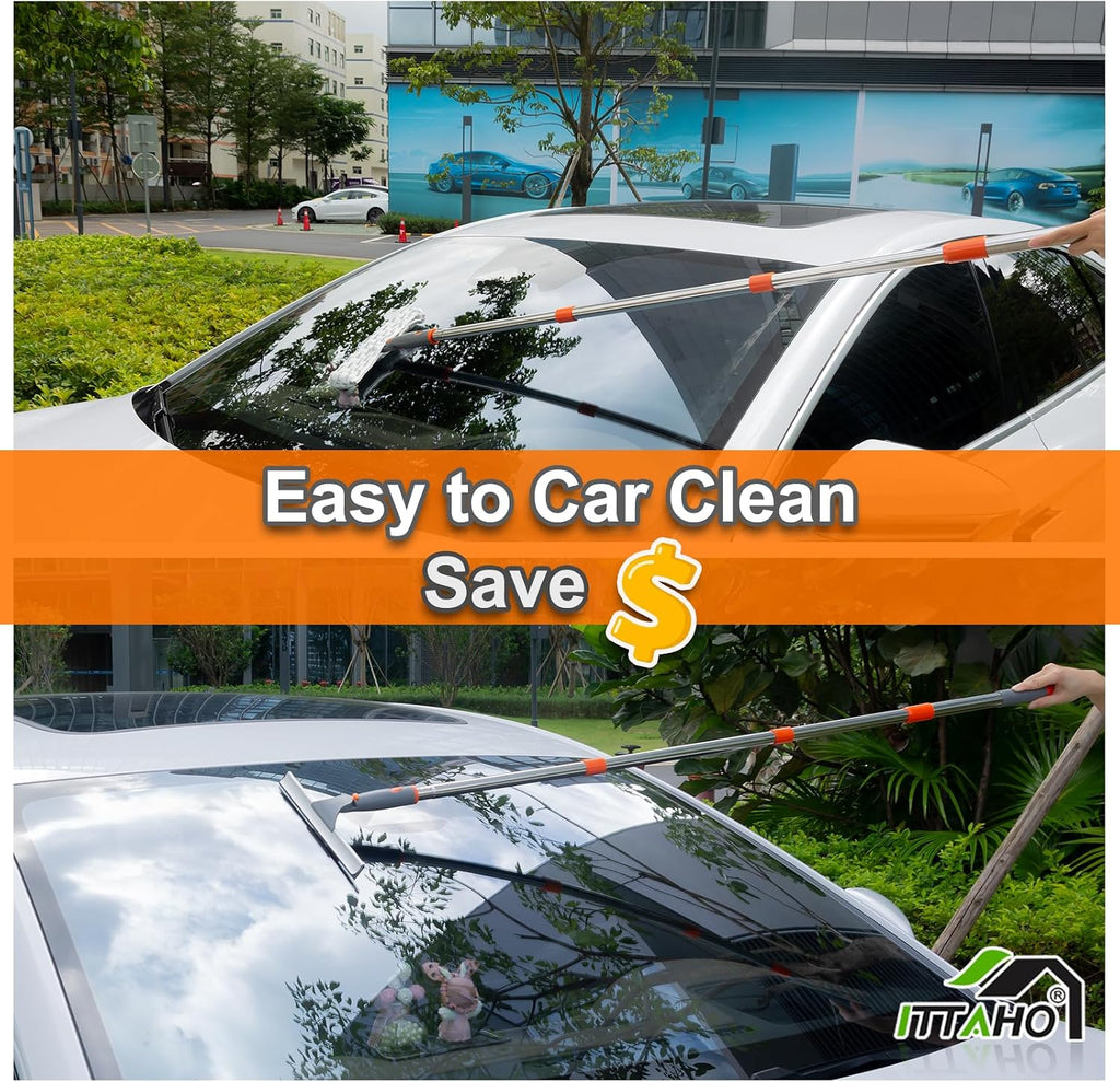 Squeegee for Window Cleaning,12" Squeegee and 11" Microfiber Scrubber Combi with Stainless Steel Pole,Extendable Window Cleaner for Car,Sliding Door,Shower Glass Door-Swivel Style-2 Pads