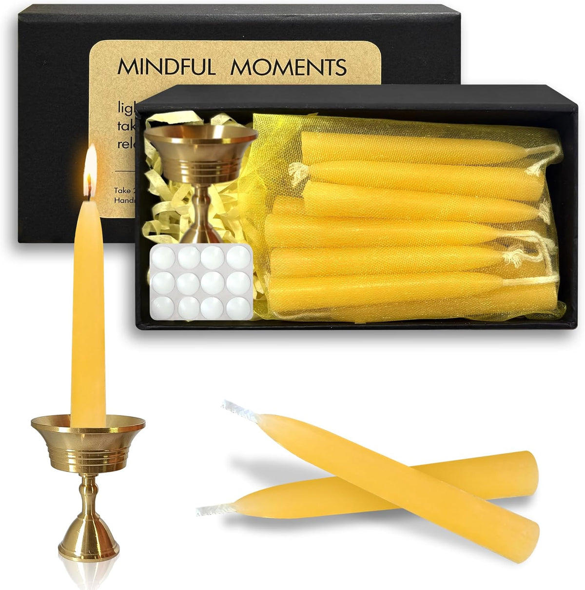 20 Min Beeswax Meditation Candles – 50 Pack, Includes Mini Candle Holder & 12 Wax Dots, Slow Burn, Natural Unscented, Yoga Prayer Mindfulness & Relaxation
