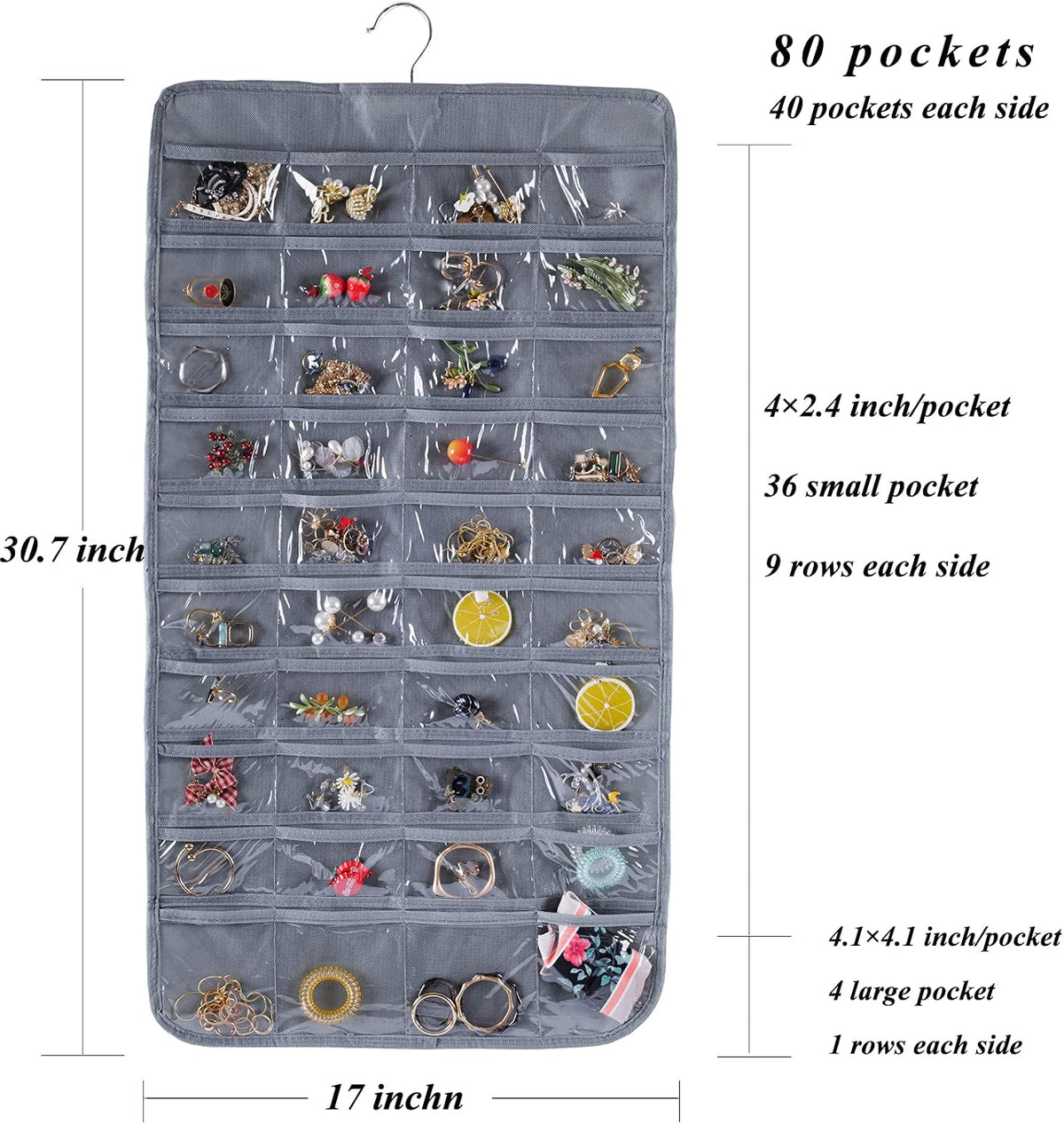Bloss Hanging Jewelry Organizer, Earring Organizer Double Sided 80 Pocket Jewelry Chain Storage Bag 2 Layer of Fabric Jewelry Holder for Necklace Bracelet - Gray