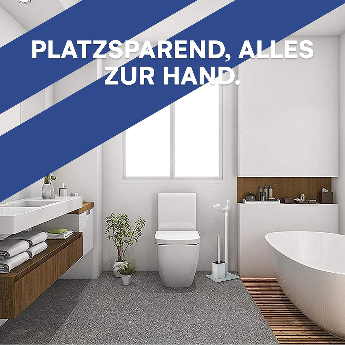 WC Set - White –22x18x70cm– Toilet Paper Holder and Toilet Brush incl. – Stainless Steel – Strong Glass Base – Plus: 1+2 Replacement Toilet Brush Heads!