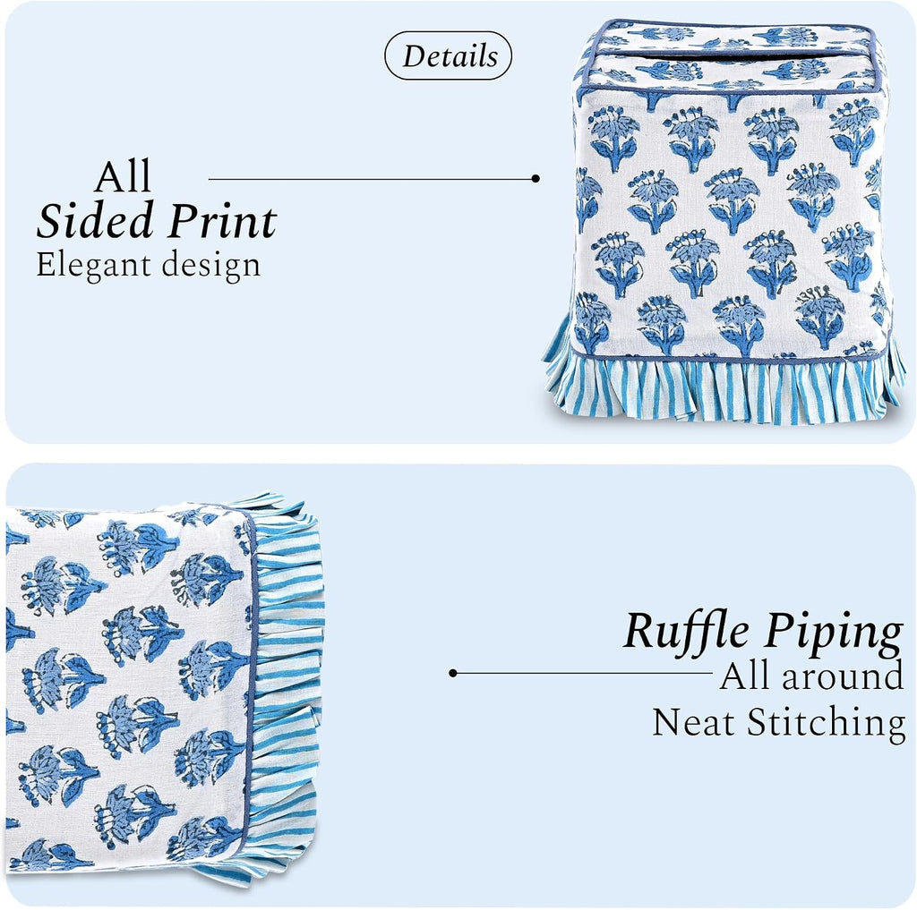 CPC 100% Cotton Ruffle Block Print Tissue Box Cover, Apatite Blue