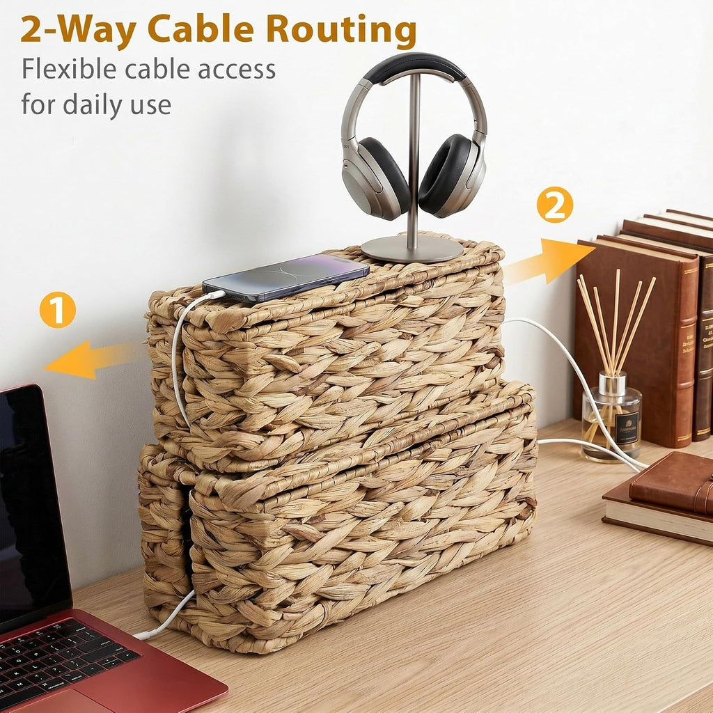 2 Pack Handwoven Cable Management Box with Lid, Decorative Cord Organizer for Power Strips, Chargers, TV Wires, Desk, Home & Office Storage, Natural Water Hyacinth