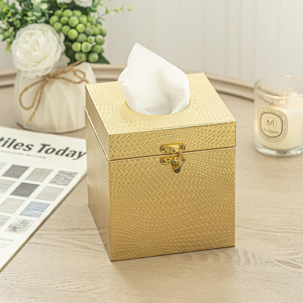 Gold Tissue Box Cover, Elegant Square Tissue Box Holder for Bathroom, Bedroom, and Office, Modern Decorative Tissue Box for Home Décor