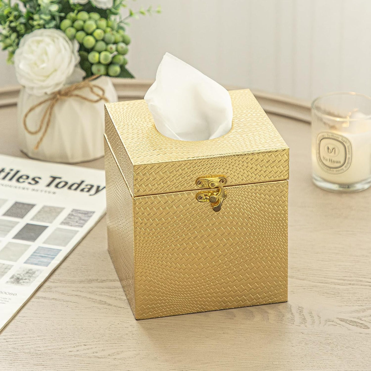 Gold Tissue Box Cover, Elegant Square Tissue Box Holder for Bathroom, Bedroom, and Office, Modern Decorative Tissue Box for Home Décor