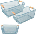 2Pack Metal Mesh Steel Basket with Bamboo Handle - Wire Metal Basket for Kitchen Organization, 12" Wide Food Organizer Bin, Perfect for Organizing Bulk Pantry (BLUE)