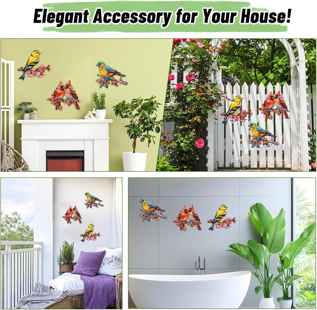 YOADEHOA 3Pcs Metal Wall Art Decor Birds on Branch, 3D Colorful Bird Outdoor Hanging Wall Art Patio Fence Decorations, Hummingbird Wall Sculptures for Indoor Outdoor Garden(Birds A)