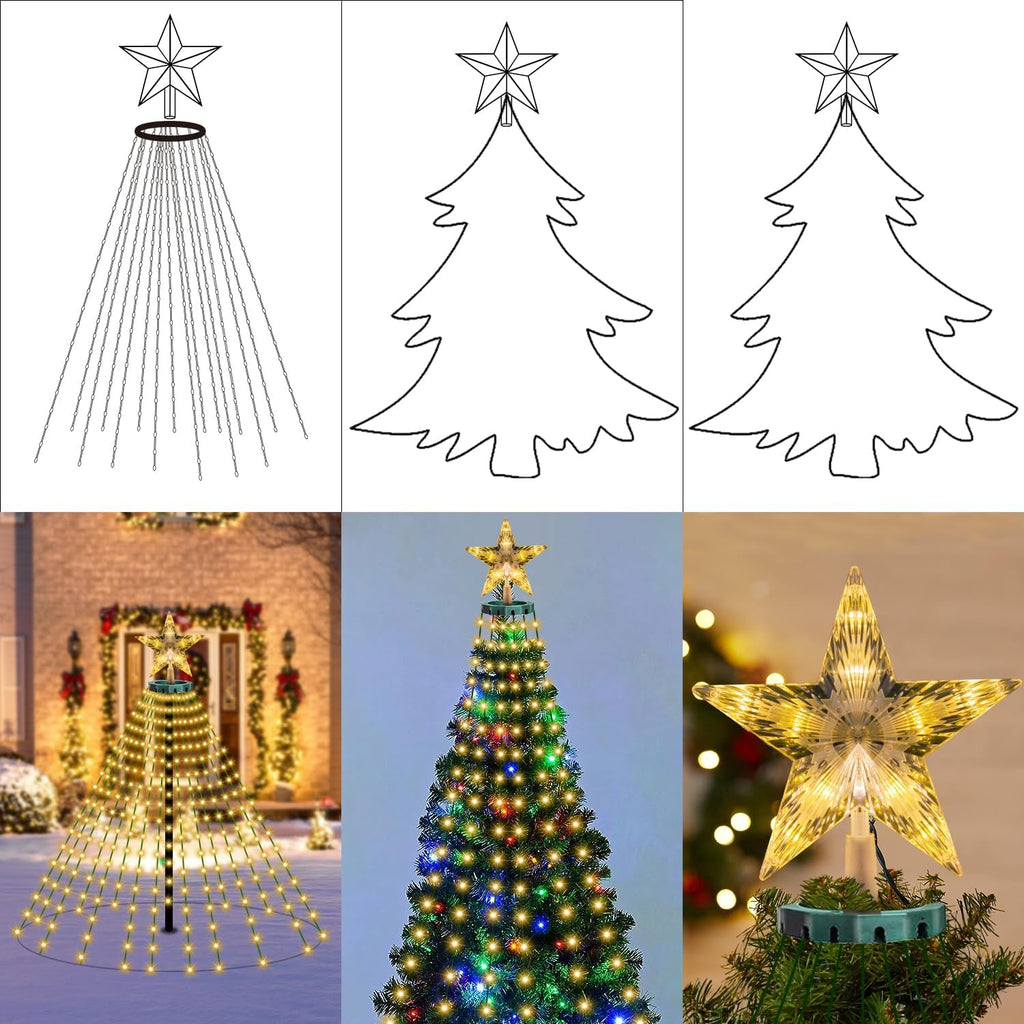 Christmas Tree Lights with Star Topper, 400LED Christmas String Lights with Ring for Tree, 6.6FT x 16 Lines Fairy Lights with 8 Modes Timer Remote for Indoor Outdoor Xmas Tree Decor, Warm White