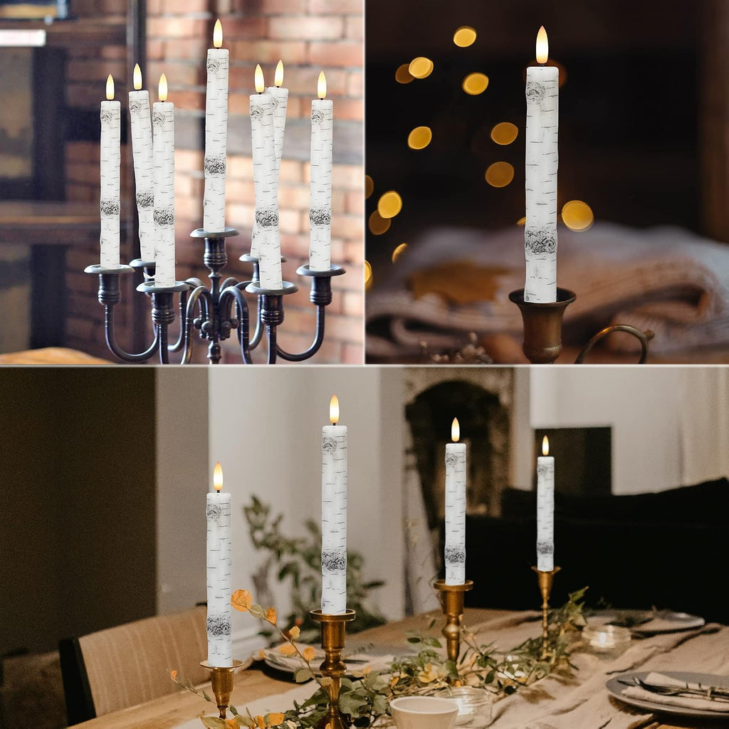 Birch Bark Flameless Taper Candles with 3D Wick, 9.6" Real Wax LED Candles