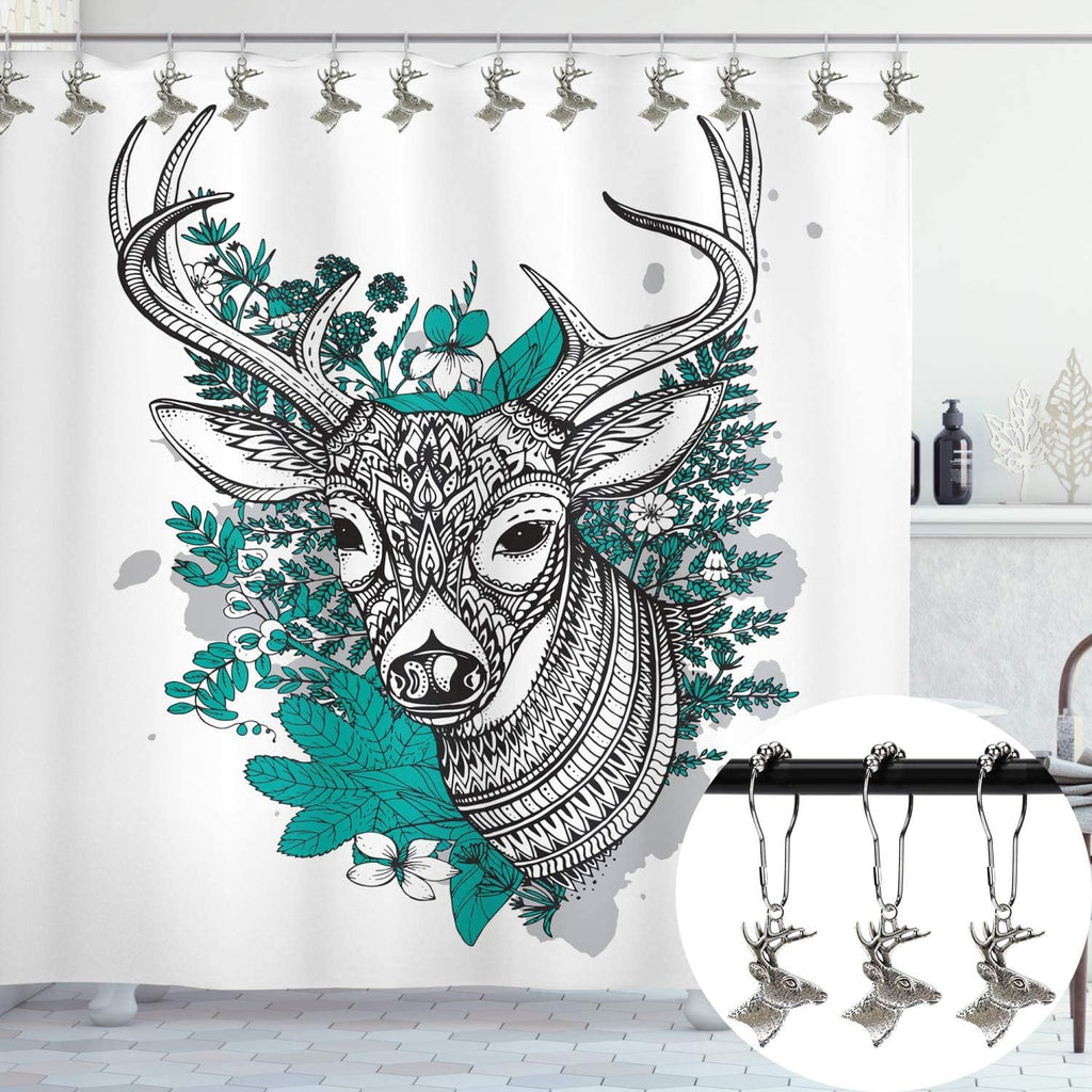 Set of 12 Deer Shower Curtain Hooks Rings Rustic Cabin Bath Christmas Theme Decoration Reindeer Antlers Stag Woodland Stainless Steel Rustproof (Silver)