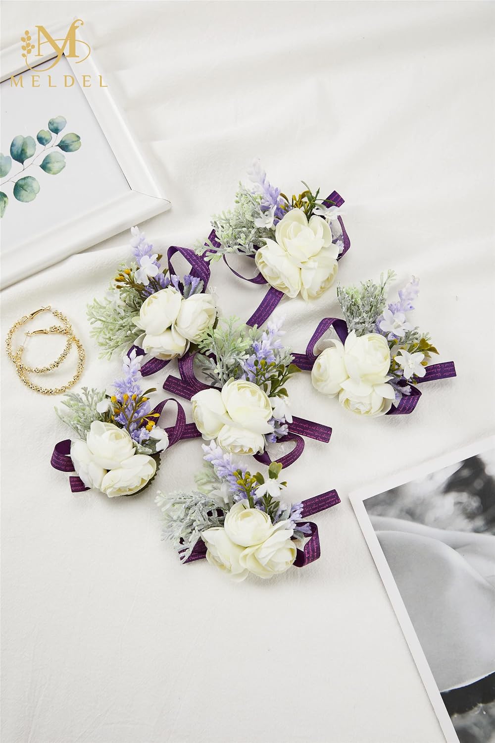 6Pcs White and Purple Artificial Silk Wrist Corsage for Wedding Prom