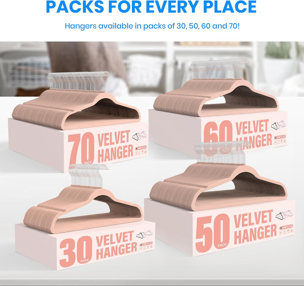 YSSOA Velvet Hangers 60 Pack, Non-Slip Clothes Hangers with Shoulder Notches, 360° Swivel Hooks, Heavy Duty Standard Hanger for Closet Space Saving, Pink