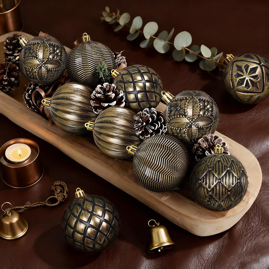 XmasExp Vintage Rustic Christmas Ball Ornaments Sets Farmhouse Distressed Christmas Tree Decorations Shatterproof Antique Traditional Style Xmas Hanging Ornaments （Bronze, 12Pcs