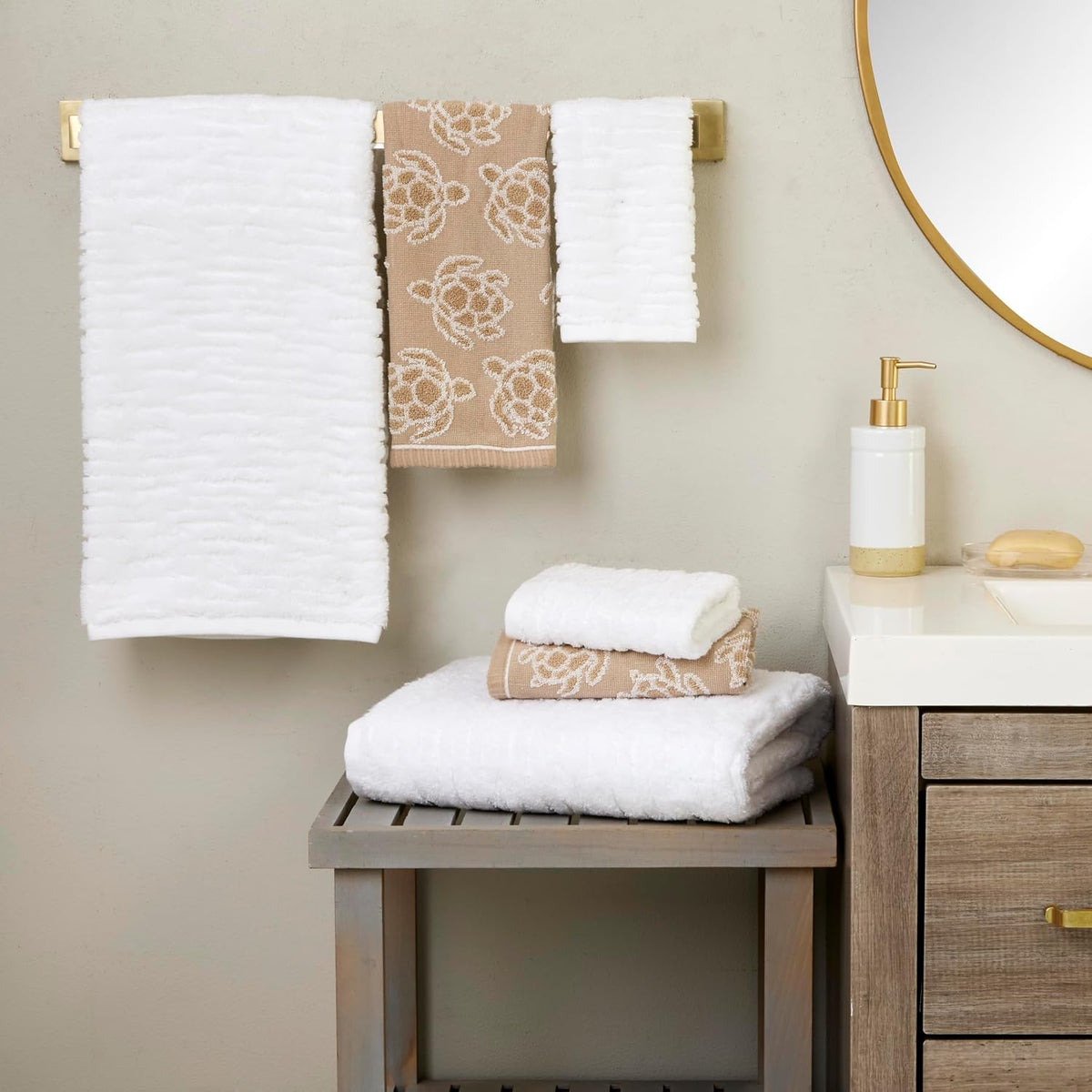 SKL Home CloudSoft/Turtle Sculpted Bath Towel Set-6pc, Coastal, White/Taupe