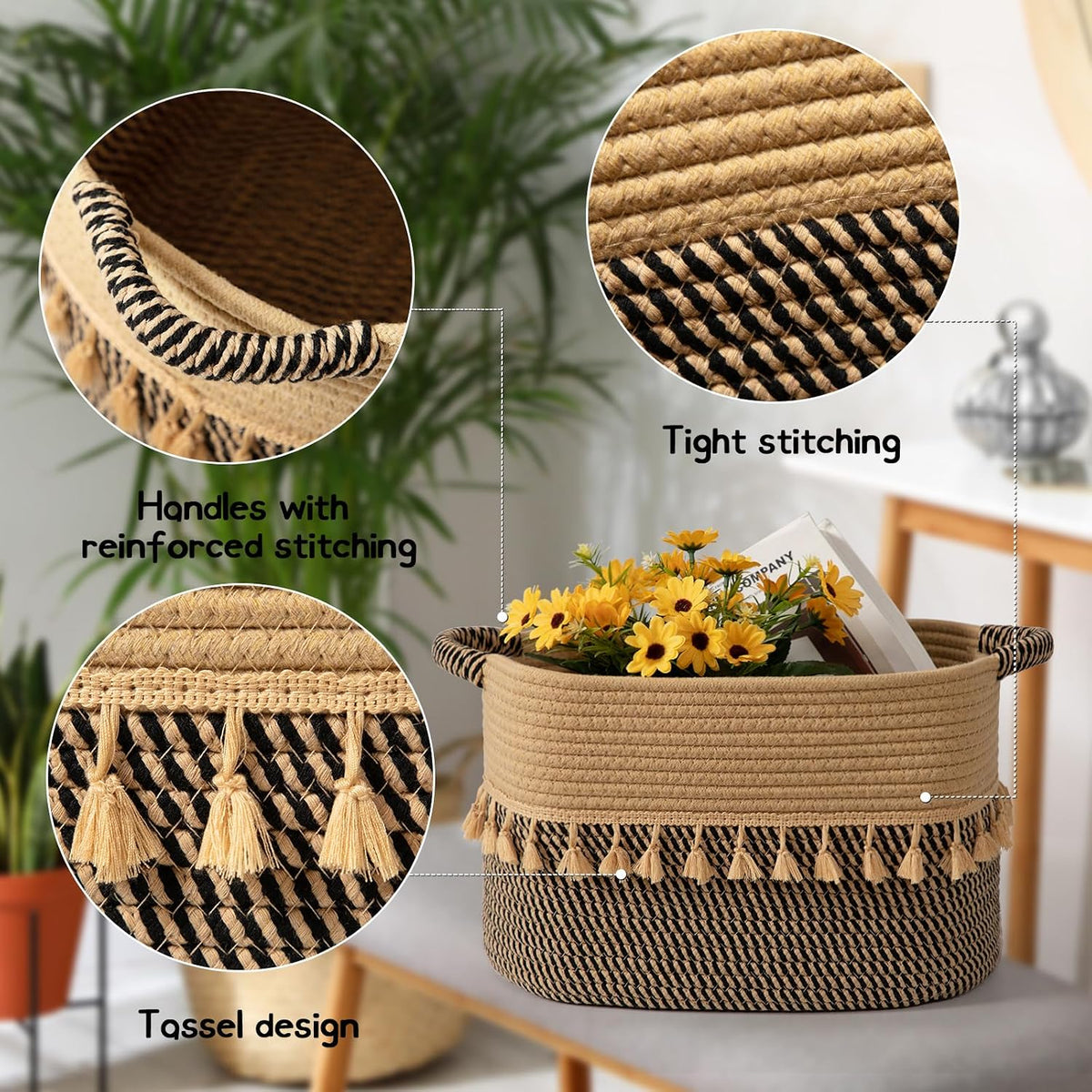 TeoKJ Set of 2 Baskets for Organizing, Decorative Rope Baskets for Storage, Storage for Pets, books, Pillows, Toys & Cloths, Black & Jute