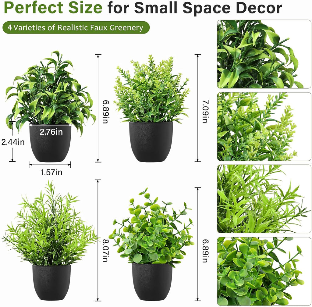 4 Pack Small Fake Plants in Black Pots Eucalyptus Leaf Mix