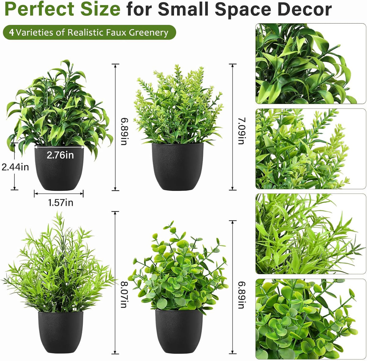4 Pack Small Fake Plants in Black Pots Eucalyptus Leaf Mix