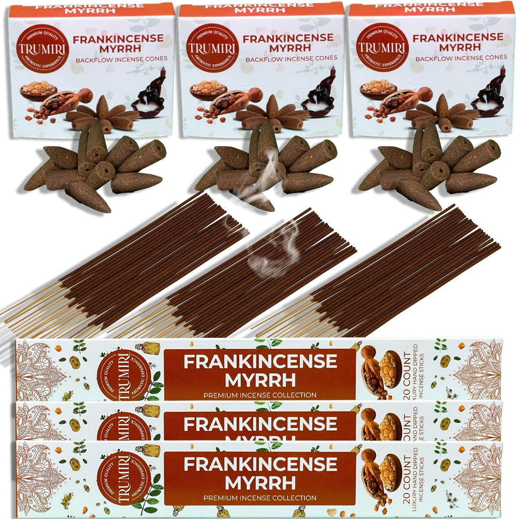 TRUMIRI Frankincense Myrrh Scented Incense Sticks & Backflow Incense Cones for Waterfall Combo Pack - 60 Insence-Sticks + 30 Backflow Cones - Insents - Incense Waterfall Cones - Inscense