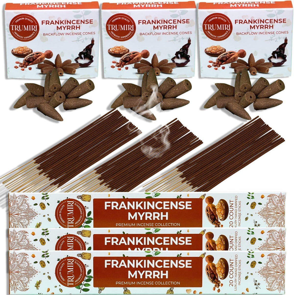 TRUMIRI Frankincense Myrrh Scented Incense Sticks & Backflow Incense Cones for Waterfall Combo Pack - 60 Insence-Sticks + 30 Backflow Cones - Insents - Incense Waterfall Cones - Inscense
