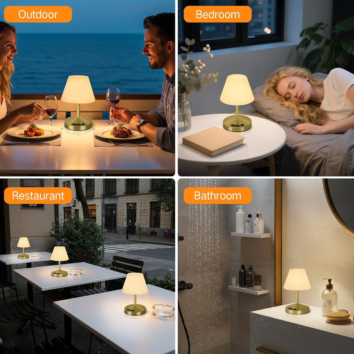 OUTON Rechargeable Cordless Waterproof Shower & Table Lamp with USB Output, Touch Dimming, 3 Colors, Power Indicator & Memory Function, LED Desk Lamp, Battery Operated Light for Indoor & Outdoor, Gold