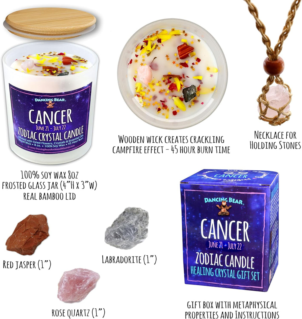 DANCING BEAR Cancer Zodiac Candle Gift Box Set with 3 Healing Crystals & Stone Holder Necklace, 100% Soy Scented Wax, Crackling Wood Wick, 45 Hour Burn Time
