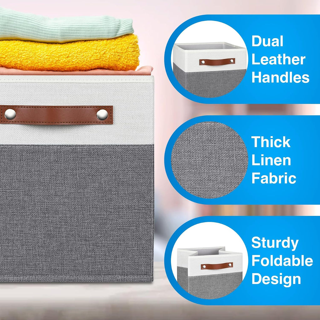 11 Inch Cube Storage Bin - 4 Pack - Linen Fabric 11x11 Cube Storage Bins for Bedroom, Living Room, Clothes and Toys; Foldable, Dual Leather Handles