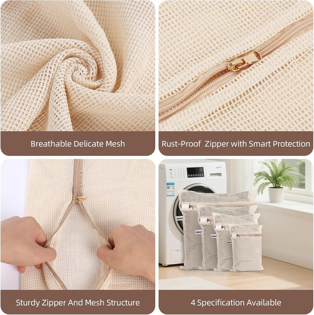 100% Cotton Mesh Laundry Bags, Premium Soft, No Dye, 4 Pcs, Natural
