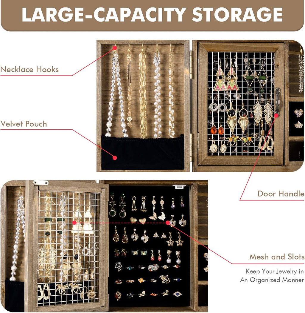 Wall Mounted Jewelry Organizer, Rustic Brown Wooden Jewelry Storage Cabinet