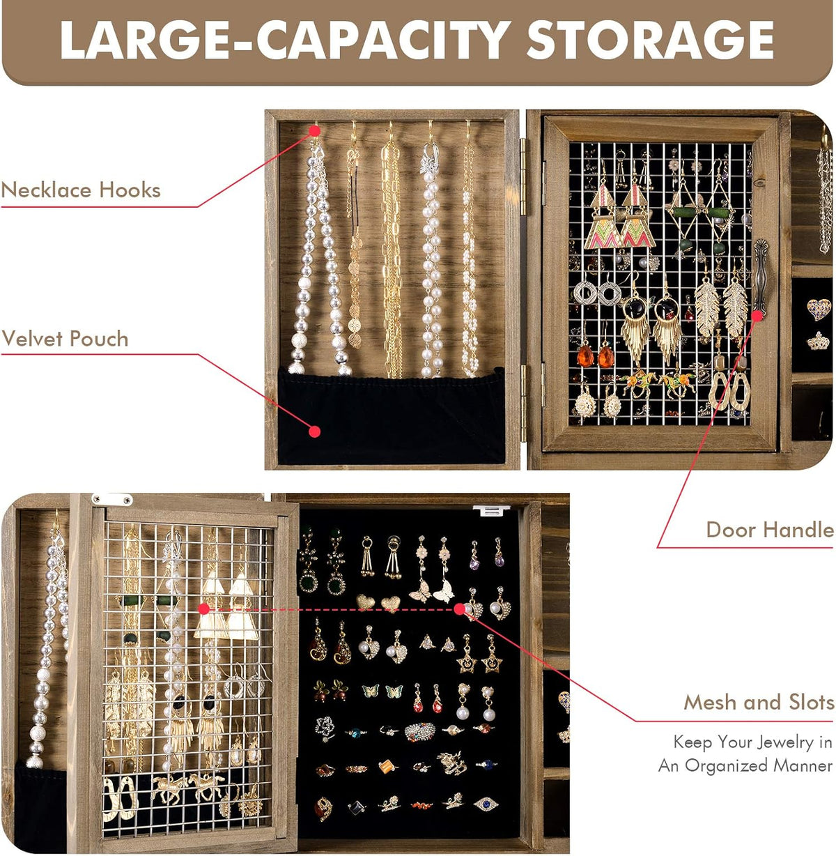 Wall Mounted Jewelry Organizer, Rustic Brown Wooden Jewelry Storage Cabinet
