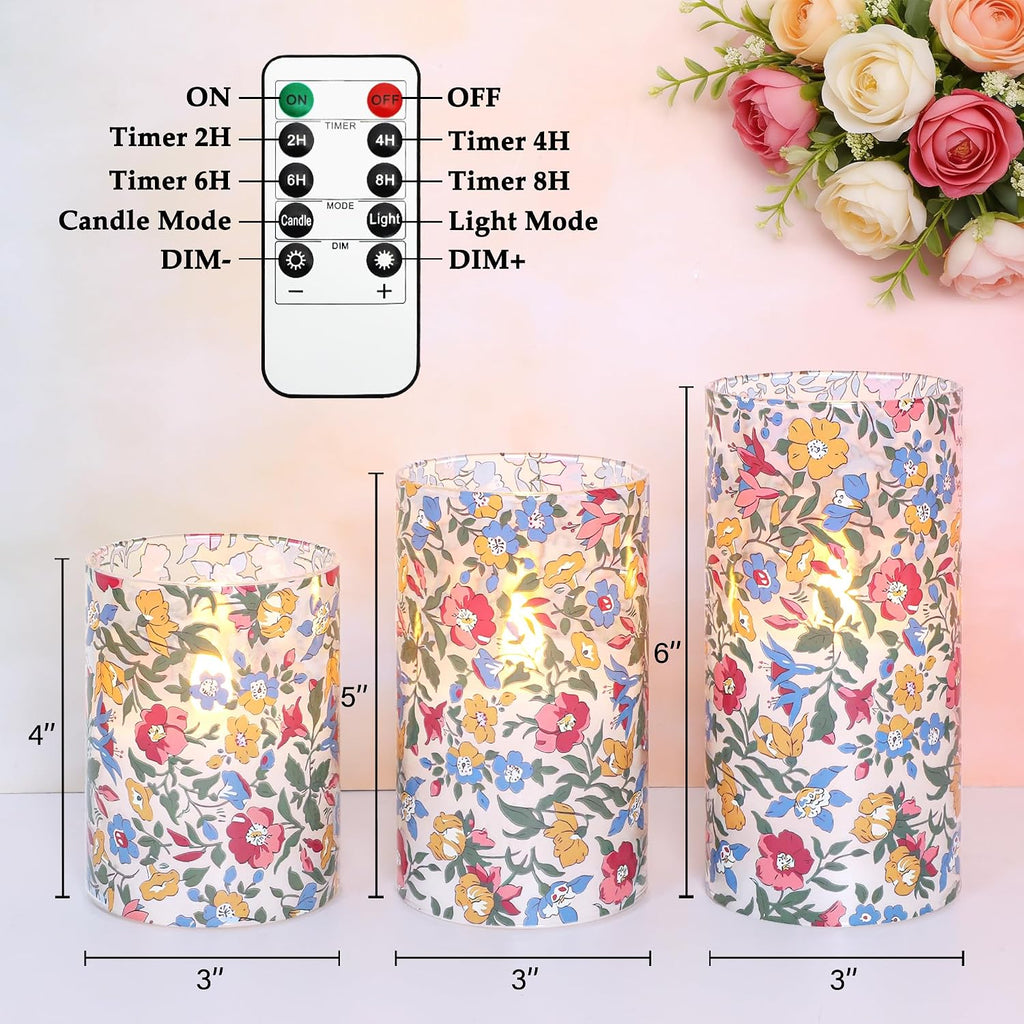 Floral Glass Flameless Candles with Remote, Spring Wildflower Design LED Candles, 3D Wick Flickering Battery Operated Candles for Home Decor, Bedroom, Wedding, Table Centerpiece