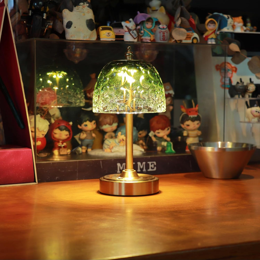Cordless Rechargeable Table Lamp, Vintage Art Glass Shade, Dimmable, Green