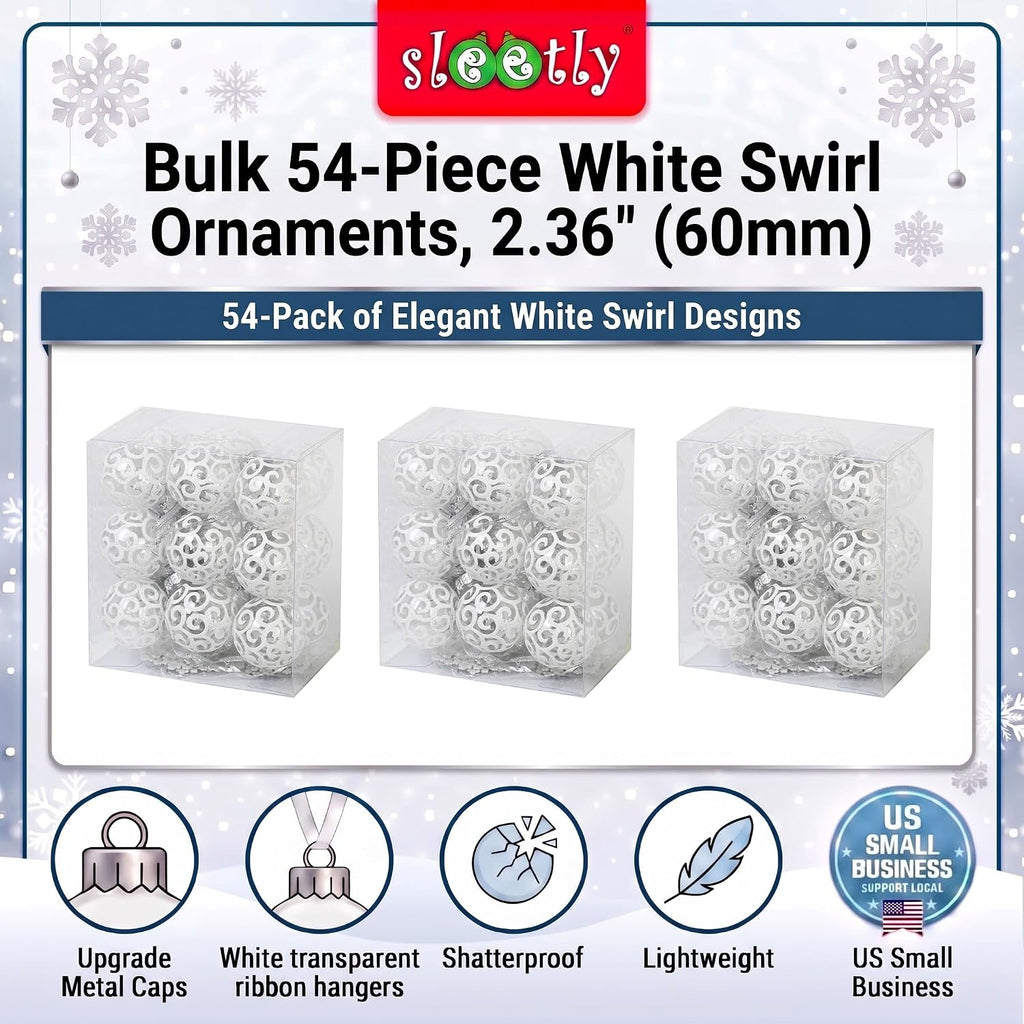 54-Piece Bulk Pack Clear White Swirl Christmas Ball Ornaments Set for Christmas Tree Decorations, 2.36"