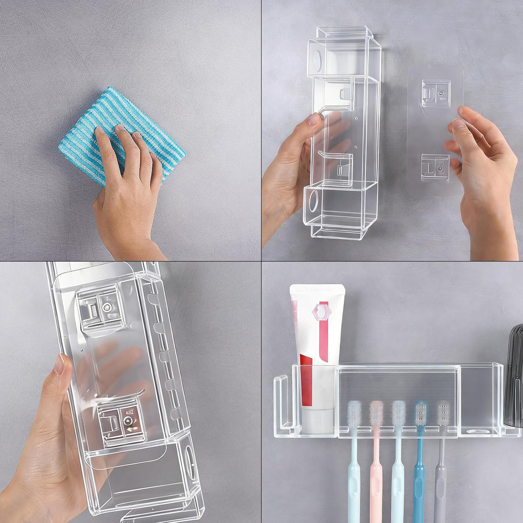 5 Slots Wall Mount Toothbrush Holder with Cover, Self Adhesive Toothbrush Storage Organizer for Shower, Toothpaste & Toothbrush Hanger for Bathroom, Medicine Cabinet, Dorm (Clear Large)