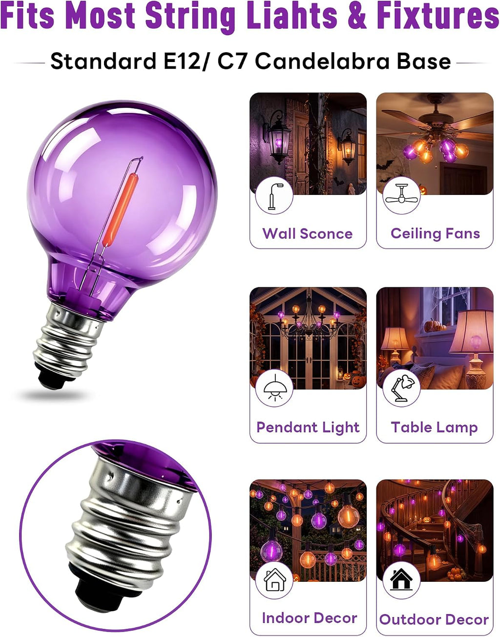Abeja G40 Purple Orange LED Replacement Bulbs, 0.6W Halloween Bulb Shatterproof Waterproof Outdoor String Lights Bulb for Indoor Outdoor Halloween Patio String Lights, 25 Pack